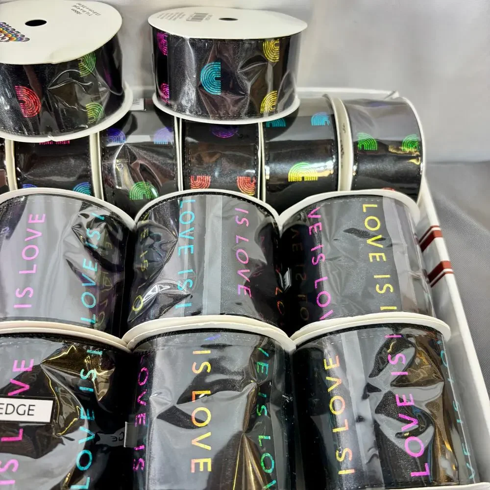 Ribbon LGBTQ+ Pride Black Satin W/ Rainbow Metallic Wired Crafting Lot 22 Rolls